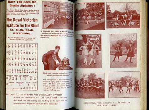 Braille alphabet and images of dancing, library and typing lessons