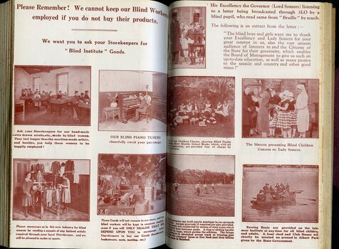 Images of workshop, schoolroom, piano tuner and children rowing, reading and running