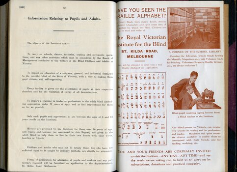 Information relating to Pupils and Adults and images of Braille alphabet, library and typewriting