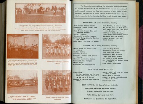 Cricket, dancing, Girl Guides, playing and schoolroom images with list of goods for sale