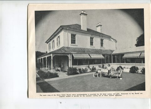 Photo of Helen Keller hostel with various women on verandah and lawn