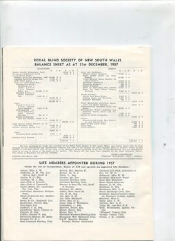 Financial balance sheet and Life Members appointed in 1957