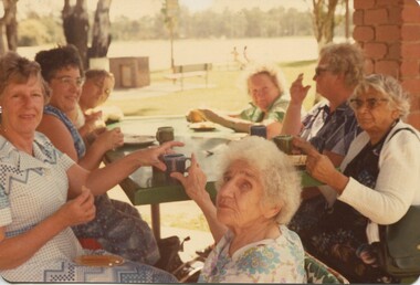 Seven women enjoying a meal beside a lake