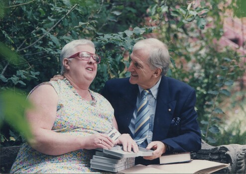 Lorna Hayter and Bryce Courtenay with audio version of The Potato Factory