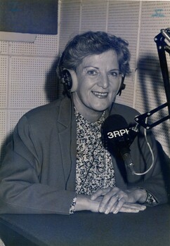 Hazel Hawke in a recording studio at 3RPH