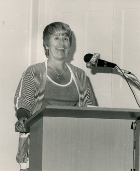 Caroline Hogg behind the speaker's lecturn