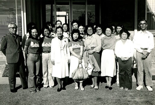 Japanese study group stand outside entrance to Elanora