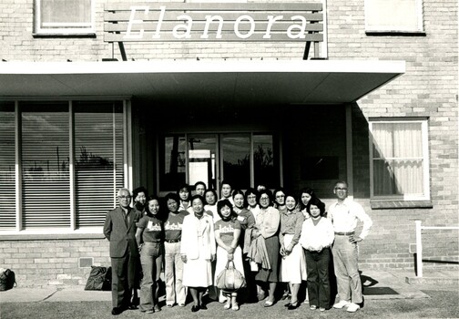 Japanese study group stand outside entrance to Elanora