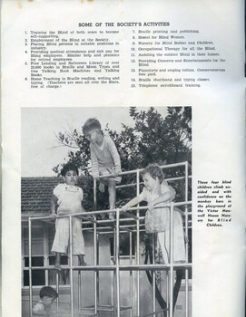 List of Society's activities and three children playing on a metal structure