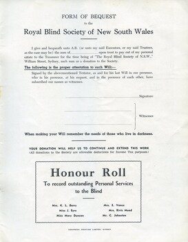 Form of Bequest and Honour Roll additions