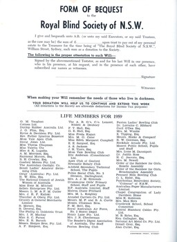 Form of Bequest and Life Members added for 1959