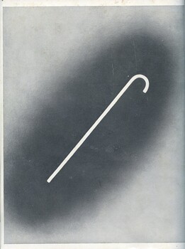 White cane on darkened background shape that becomes lighter closer to the edge of the page
