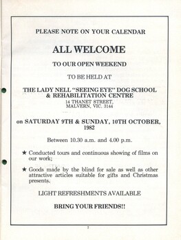 Open Weekend advertisement at Lady Nell Seeing Eye Dog School