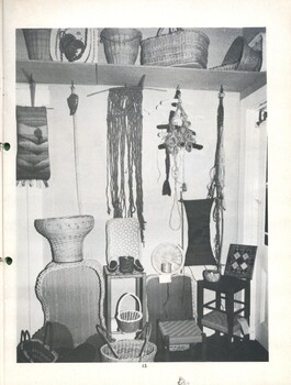 Display of woven items including a stool, wall hanging and baskets