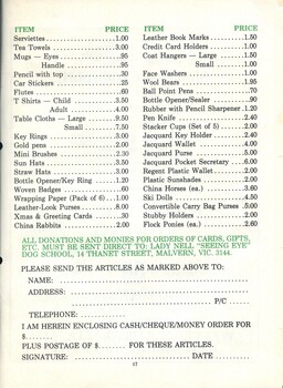 List of merchandise available from Lady Nell Seeing Eye Dog School