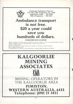 Advertisement for Peninsula Ambulance Service and Kalgoorlie Mining Associates