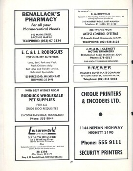 Advertisements for Benallack's Pharmacy, Rudduck Wholesale, Leisureworld, Cheque Printers