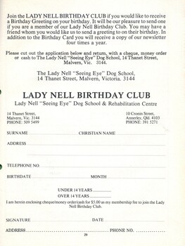 Application to join the Lady Nell Birthday Club