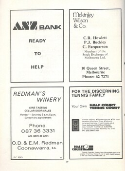 Advertisements for ANX Bank, Redman's Winery, McKinley, Wilson and Co, Half Court