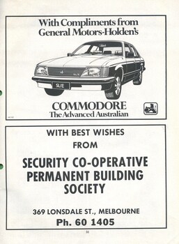Advertisement for General Motors Holden and Security Co-Operative Permanent Building Society