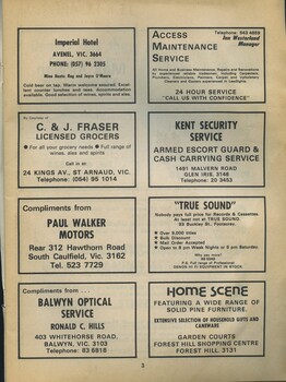 Advertisements for eight small businesses including the Imperial Hotel in Avenel