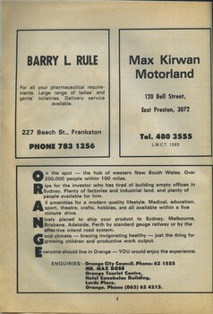 Advertisement for Baryy L Rule, Max Kirwan and Orange City Council