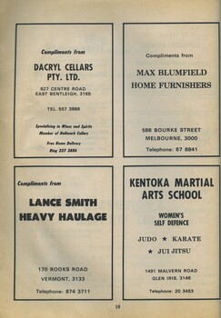 Advertisement fro Dacryl Cellars, Lance Smith Heavy Haulage, Max Blumfield, Kentoka Martial Arts School