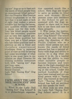 Profile of senior trainer Harry Vanderjagt and Facts about Lady Nell Seeing Eye Dog School