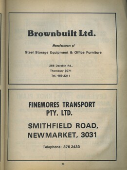 Advertisements for Brownbuilt and Finemores Transport