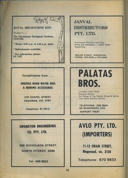 Advertisements for Royal Melbourne zoo, Snuggle Doon, Swanston Engineering, Janval, Palatas and Avlo