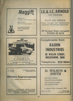 Advertisements for Meggitt, W Lindner, Kitchen Improvements, JE and JC Arnold, Raden, D Wilson and Smith