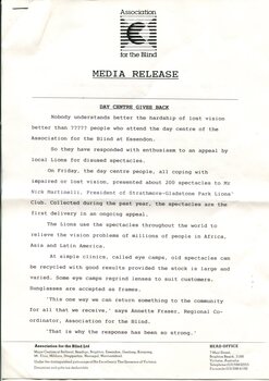 Draft media release about donating spectacles to the Lions Club