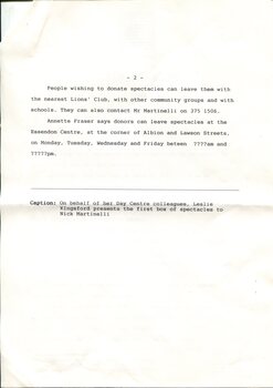 Draft media release about donating spectacles to the Lions Club