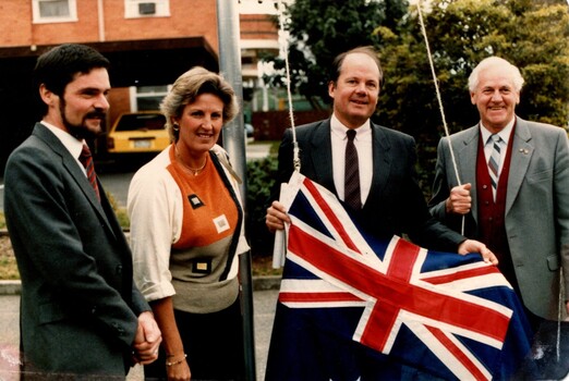 Ian Moore, Diana Jones, Roger Shipton and oldermale with Union Jack