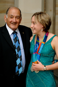 Sir Nicholas Shehadie and Prue Watt with her Paralympic medals