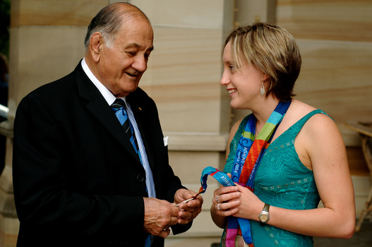 Sir Nicholas Shehadie and Prue Watt with her Paralympic medals
