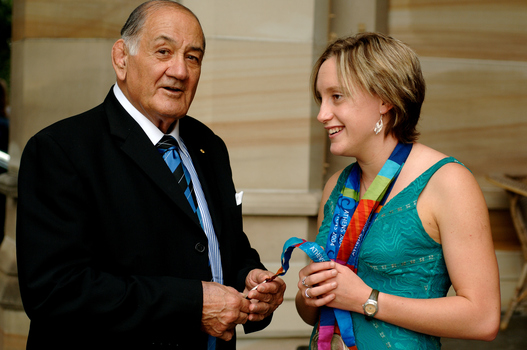 Sir Nicholas Shehadie and Prue Watt with her Paralympic medals