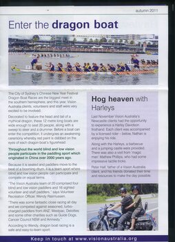 Articles on Dragon boat racing and riding Harley Davidsons