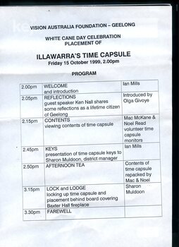 Run sheet for ceremony of storing the time capsule