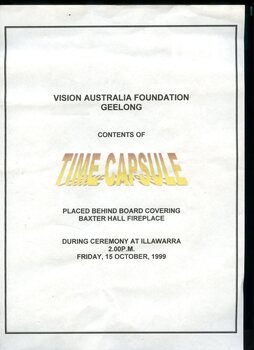 Front page with time and location of time capsule ceremony
