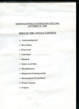 Broad listing of contents in Geelong Time Capsule
