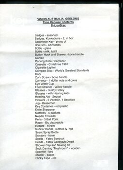 Detailed listing of contents of Geelong time capsule