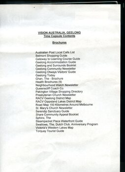 Detailed listing of contents of Geelong time capsule