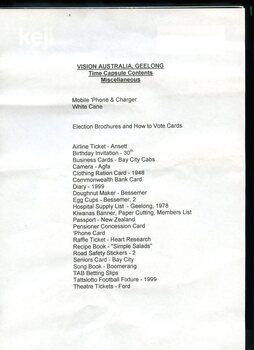 Detailed listing of contents of Geelong time capsule