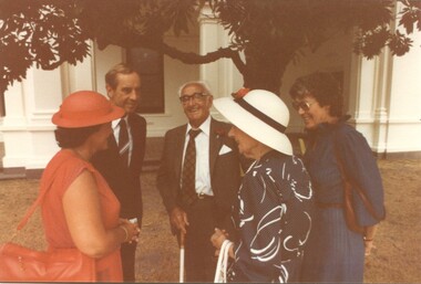 Photograph - Image, John and Nancye Cain chat with volunteers outside Government House, March 1983