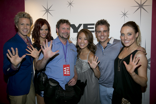 Hi-Five and Cameron L'Estrange backstage after Carols