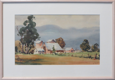 Watercolour, 'Valley Farm' by E. Vogel, 1956