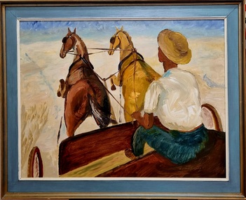 Oil on Masonite, 'Buckboard Over the Plains' by Neville Bunning, 1977