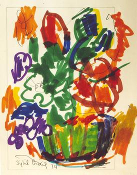 A bright bowl of flowers drawn in texta
