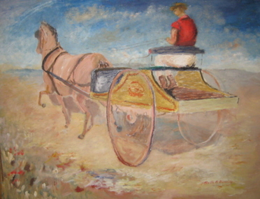 Oil on masonite, 'Sunday Visitor Out Back' by Neville Bunning